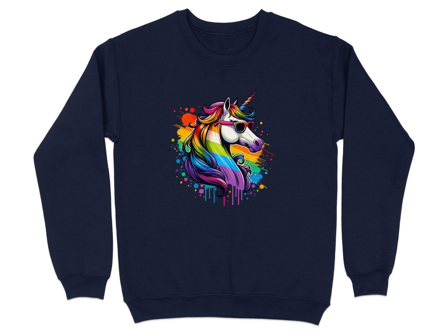 Colorful Rainbow Unicorn Wearing Sunglasses on Sweatshirt