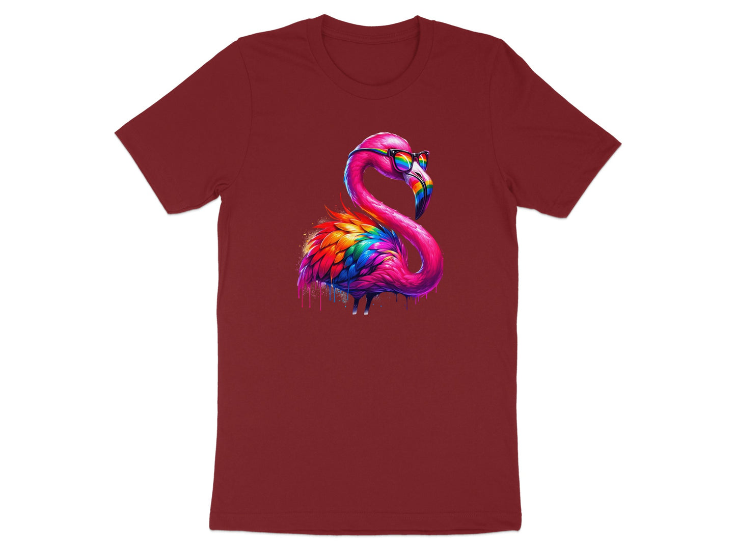 Vibrant Colorful Flamingo Design on Maroon Shirt product