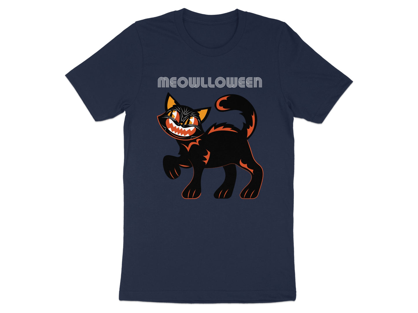 Meowlloween themed black cat graphic t-shirt product type